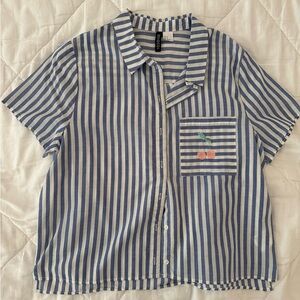 Striped Blue & White Button-Up Shirt with Cherry Pocket Embroidery